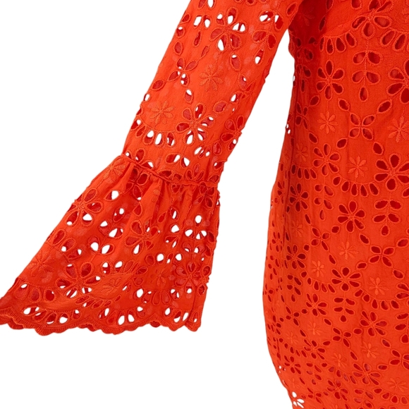 J.CREW Shift Dress Tangerine Orange Floral Embroidered Eyelet Bell Long Sleeve 4 - Picture 5 of 11